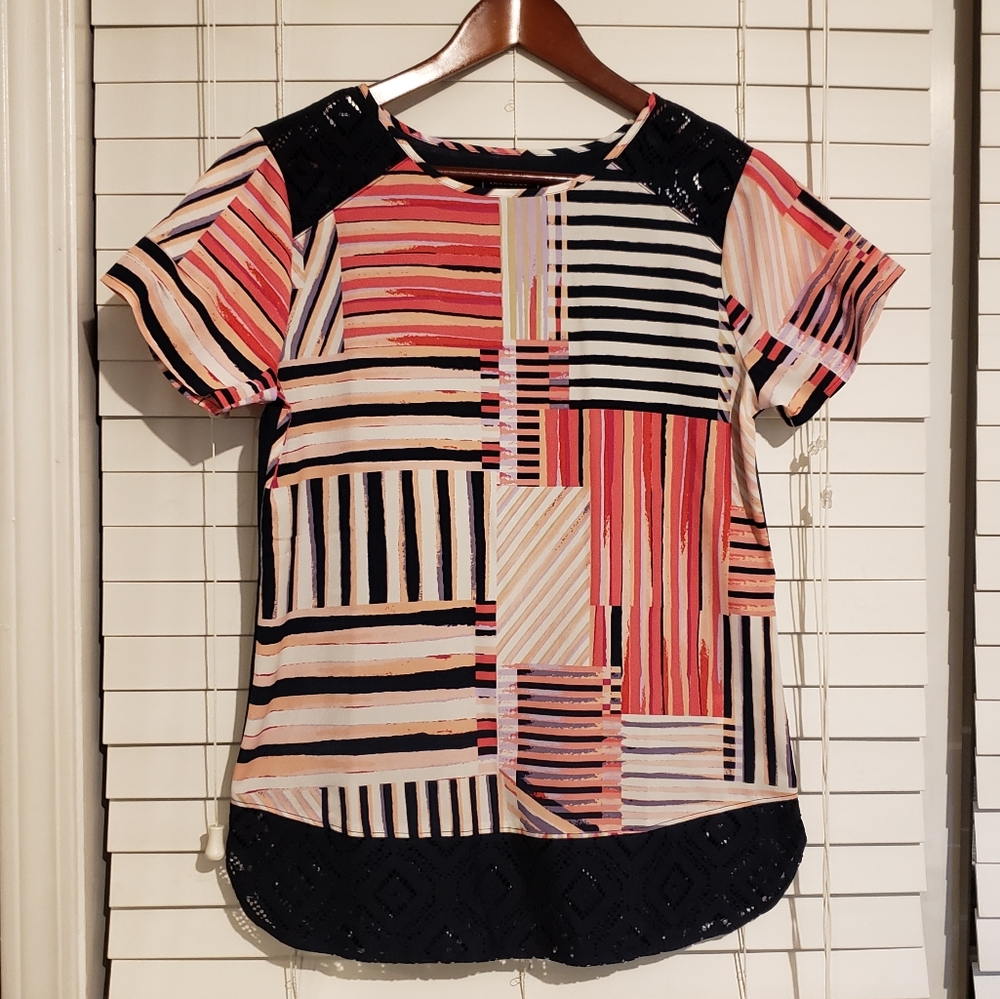 Pink, White, and Navy Short Sleeve Top